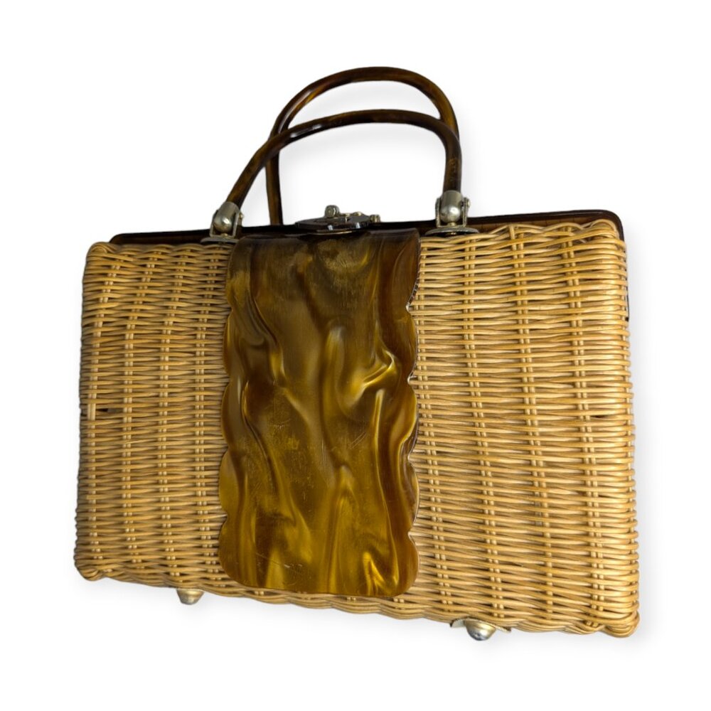 Vintage Regal MCM Clamshell Woven Bag with Lucite Handles and Panel